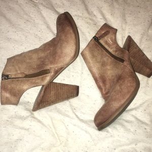 Tan booties with open heel